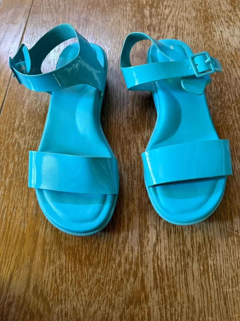 Hush Puppies Aqua Blue Jelly Sandals Women’s Ankle Strap Comfort Flats - Picture 2 of 3
